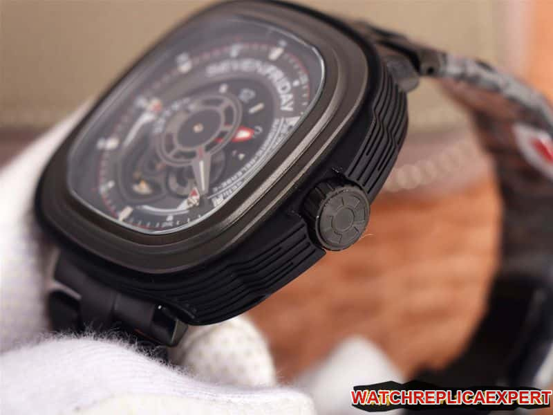 Seven day display five watch all black super cool hollow SEVENFRIDAY/automatic movement fashion men's watch Swiss steel bracelet large dial side view