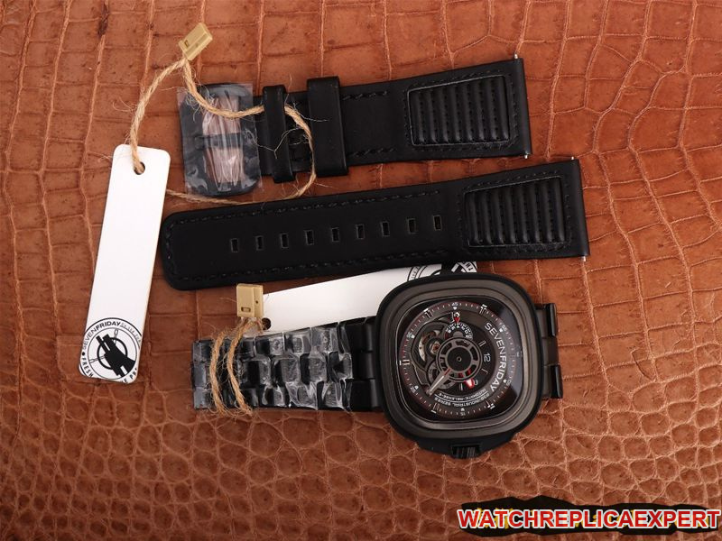 Seven day display five watch all black super cool hollow SEVENFRIDAY/automatic movement fashion men's watch Swiss steel bracelet large dial front view