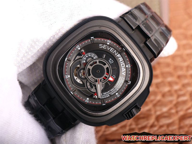 Seven day display five watch all black super cool hollow SEVENFRIDAY/automatic movement fashion men's watch Swiss steel bracelet large dial front view