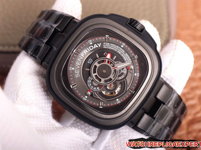 Seven day display five watch all black super cool hollow SEVENFRIDAY/automatic movement fashion men's watch Swiss steel bracelet large dial front view