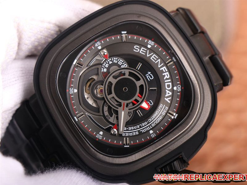 Seven day display five watch all black super cool hollow SEVENFRIDAY/automatic movement fashion men's watch Swiss steel bracelet large dial front view