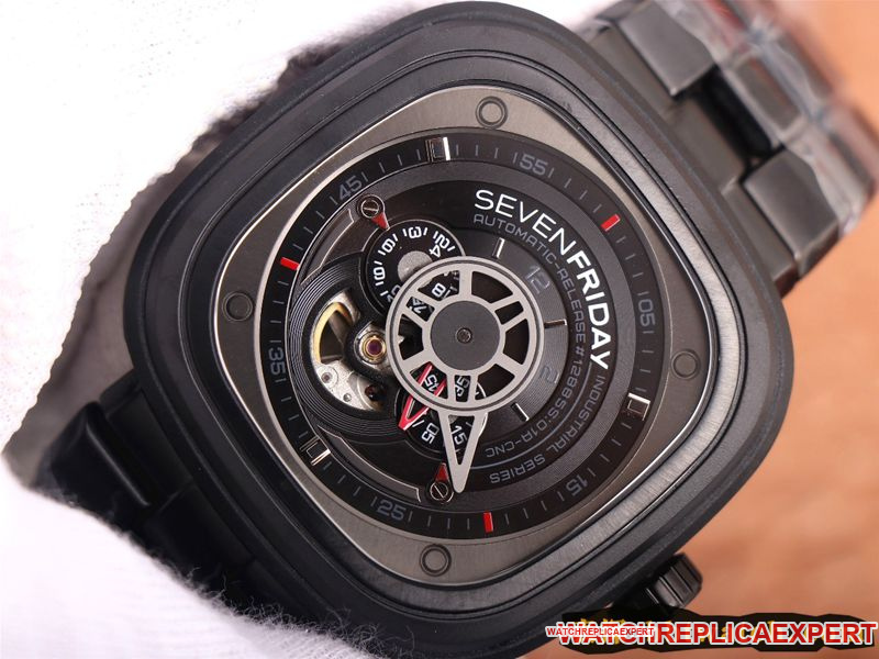 watch seven day display five SEVENFRIDAY/automatic movementmen's watch Swiss steel bracelet large dial all black front view
