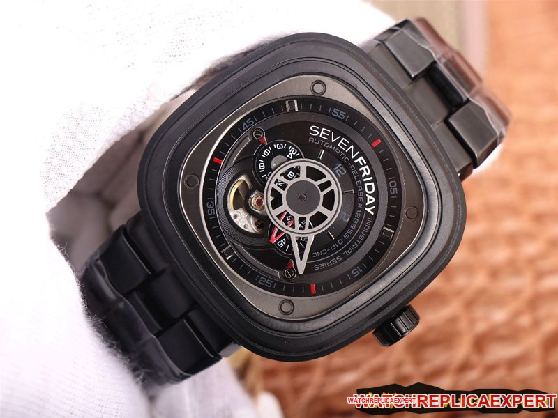 watch seven day display five SEVENFRIDAY/automatic movementmen's watch Swiss steel bracelet large dial all black front view