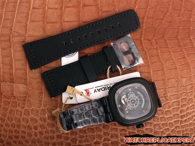 watch seven day display five SEVENFRIDAY/automatic movementmen's watch Swiss steel bracelet large dial all black front view