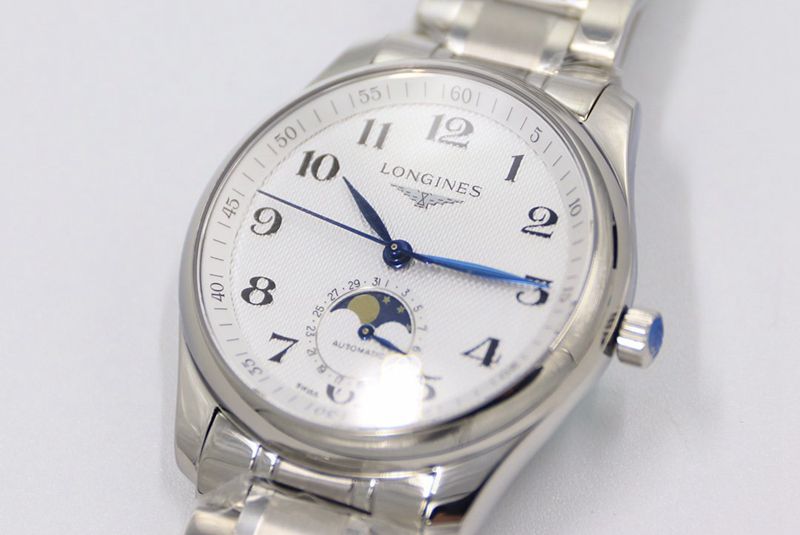 GS factory Longinesreplica watch master series moon phase watch white dial316stainless steelbracelet front view