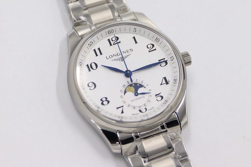 GS factory Longinesreplica watch master series moon phase watch white dial316stainless steelbracelet front view