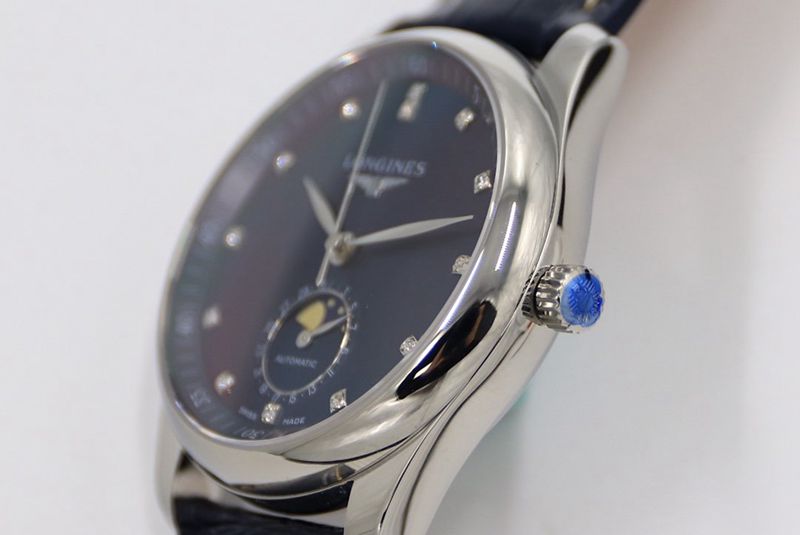 GS factory Longinesreplica watch master series moon phase watch blue dial diamond scale detail shots