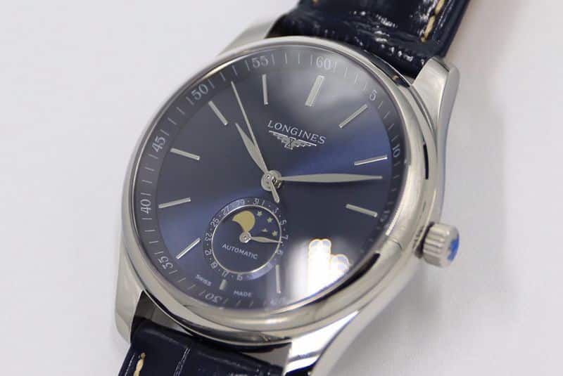 GS factory Longinesreplica watch master series moon phase watch simple blue dial front view