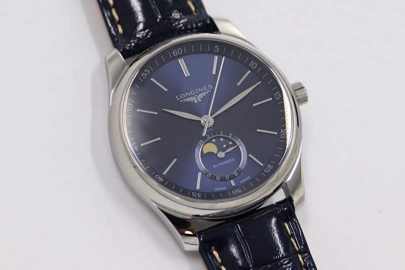 GS factory Longinesreplica watch master series moon phase watch simple blue dial front view