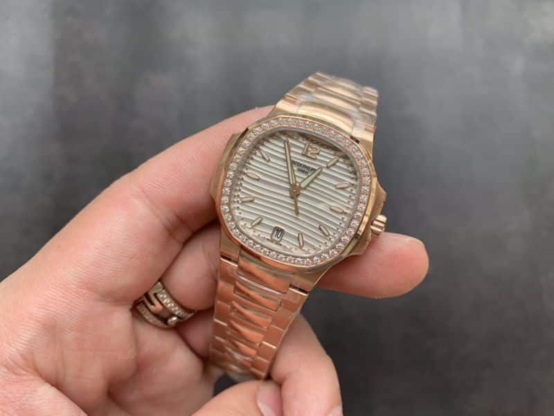 Patek Philippereplica watch Nautilusdiamond bezel full rose gold women's front view