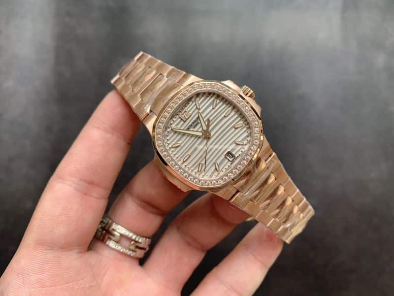 Patek Philippereplica watch Nautilusdiamond bezel full rose gold women's front view