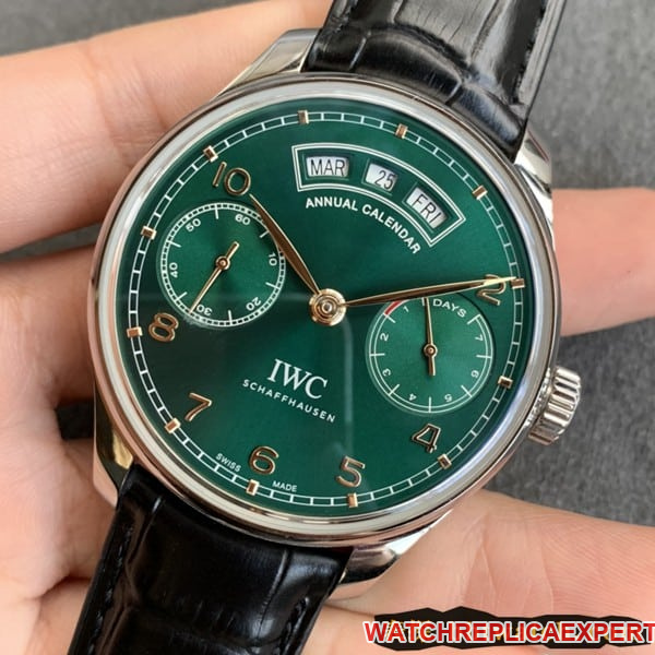 ZF FactoryIWCreplica watch Portuguese series perpetual calendar date day display month green dial moving gold needle front view