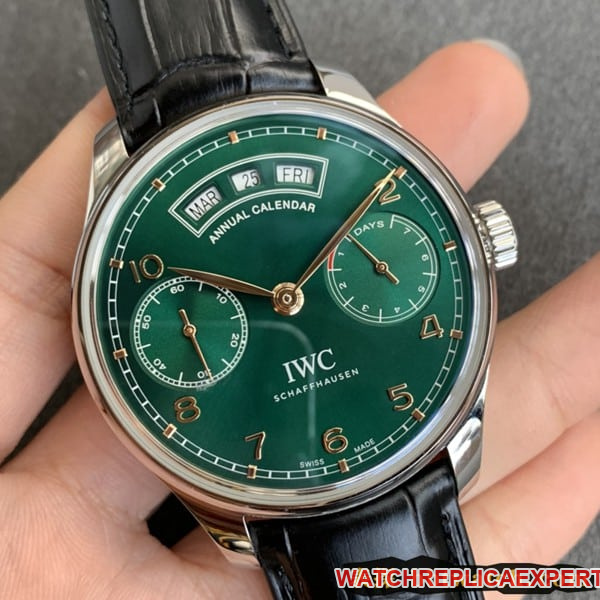 ZF FactoryIWCreplica watch Portuguese series perpetual calendar date day display month green dial moving gold needle front view