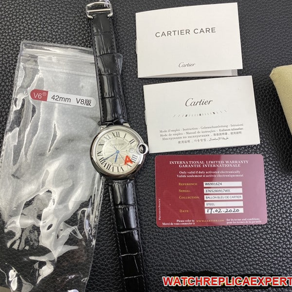 2020 new watch Cartier Blue Balloon V6 factory (V8 upgraded version) official warranty card instruction manual warranty leather strap model front view