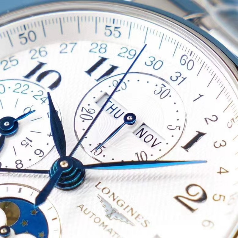 Longines famous watch KL eight-pin moon phase men's multi-functional steel bracelet mechanical watch detail shots