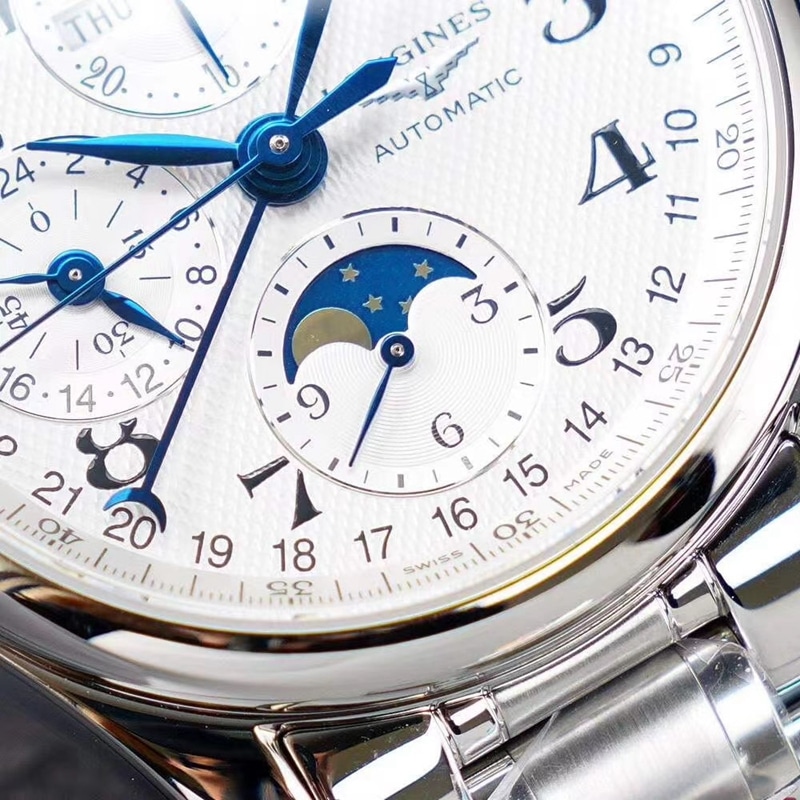 Longines famous watch KL eight-pin moon phase men's multi-functional steel bracelet mechanical watch detail shots