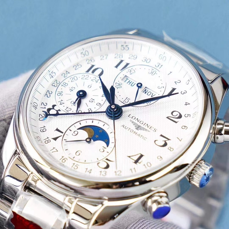 Longines famous watch KL eight-pin moon phase men's multi-functional steel bracelet mechanical watch front view
