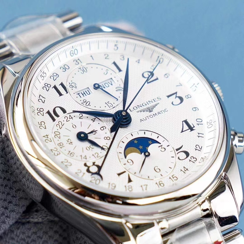 Longines famous watch KL eight-pin moon phase men's multi-functional steel bracelet mechanical watch front view
