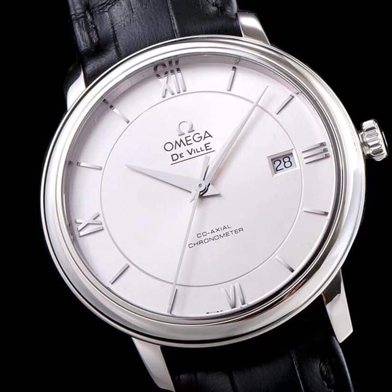 Omegatop-tiersuper watch disc flying business series men's mechanical ultra-thin watch black leather white face front view