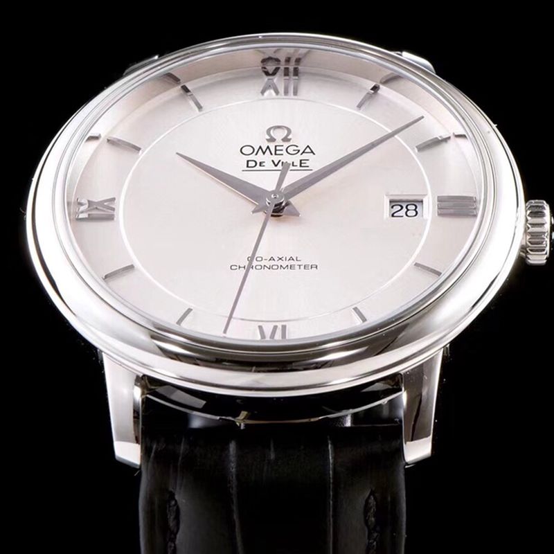 Omegatop-tiersuper watch disc flying business series men's mechanical ultra-thin watch black leather white face detail shots
