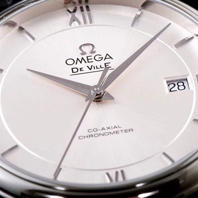Omegatop-tiersuper watch disc flying business series men's mechanical ultra-thin watch black leather white face detail shots