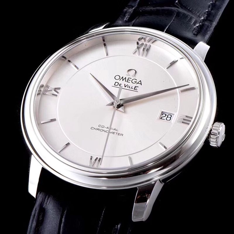 Omegatop-tiersuper watch disc flying business series men's mechanical ultra-thin watch black leather white face front view