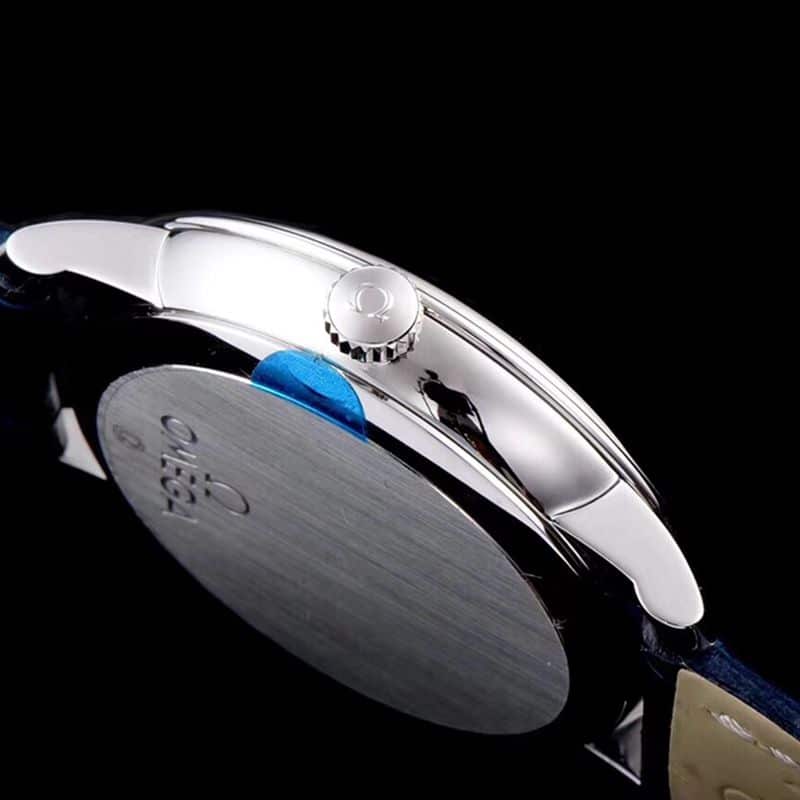 Omegasuper watch disc flying business series men's mechanical ultra-thin watch blue leather blue face side view