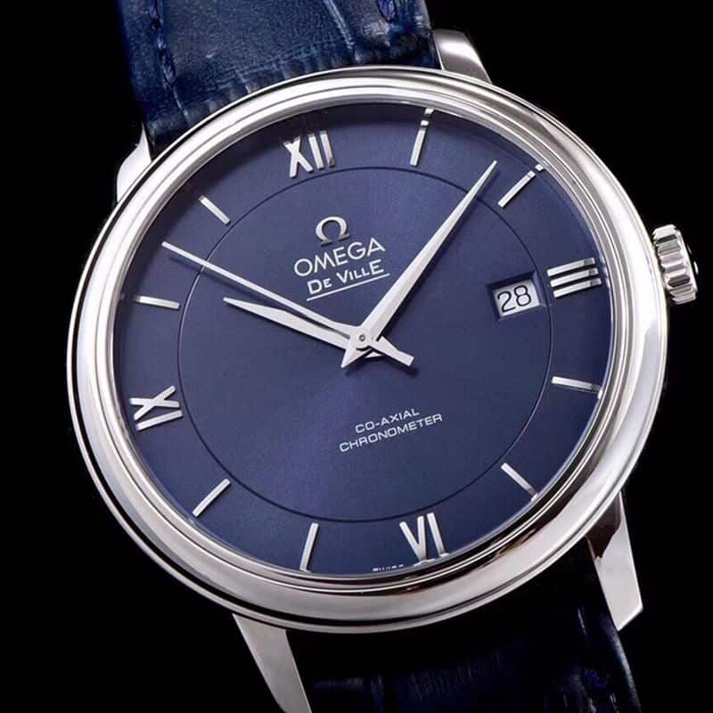 Omegasuper watch disc flying business series men's mechanical ultra-thin watch blue leather blue face front view