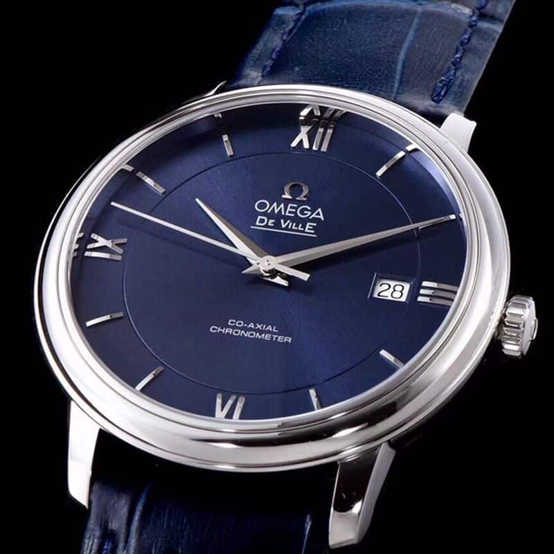 Omegasuper watch disc flying business series men's mechanical ultra-thin watch blue leather blue face front view