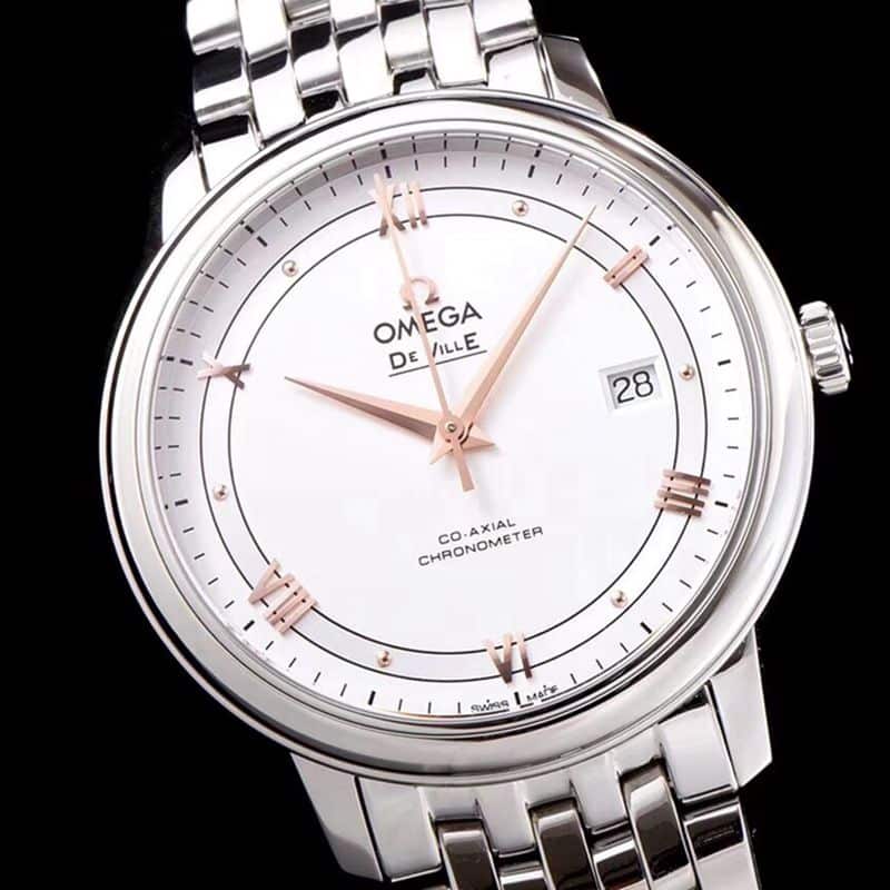 Omegasuper watch disc flying business series men's mechanical ultra-thin watch white steel rose gold scale front view
