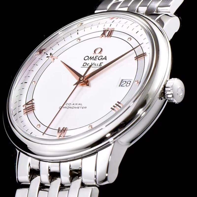 Omegasuper watch disc flying business series men's mechanical ultra-thin watch white steel rose gold scale detail shots