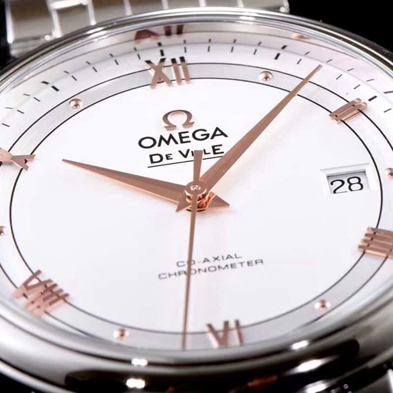 Omegasuper watch disc flying business series men's mechanical ultra-thin watch white steel rose gold scale detail shots