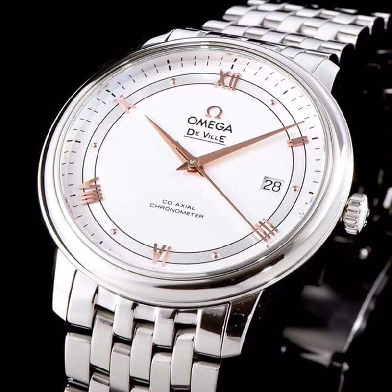 Omegasuper watch disc flying business series men's mechanical ultra-thin watch white steel rose gold scale front view