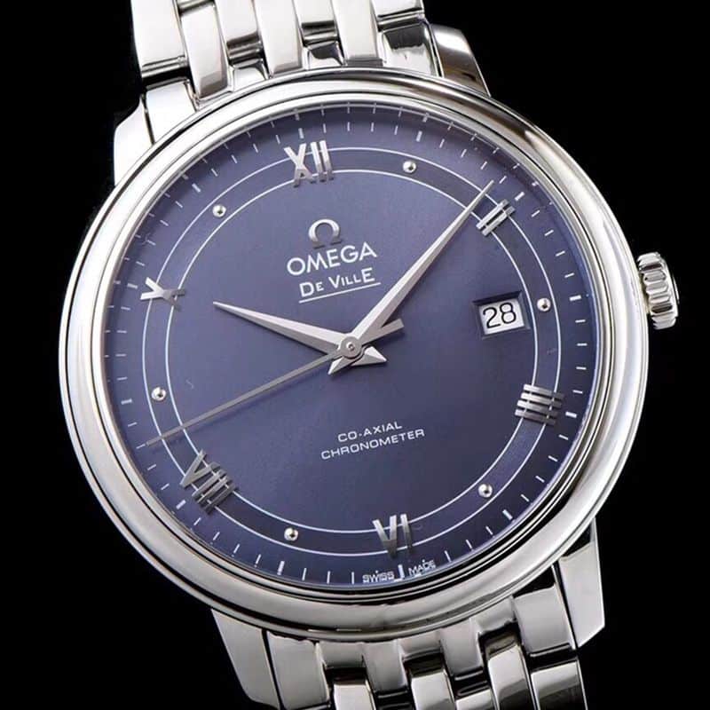 Omegareplica watch De Ville series men's mechanical ultra-thin watch track blue face front view