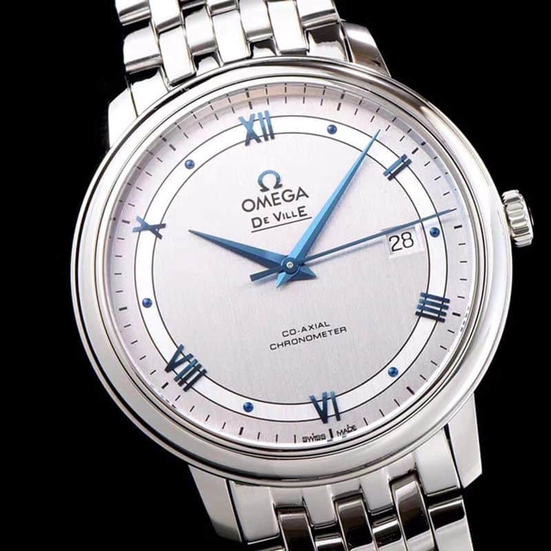 Omegahigh-quality watch De Ville series men's mechanical ultra-thin watch white steel track white face front view