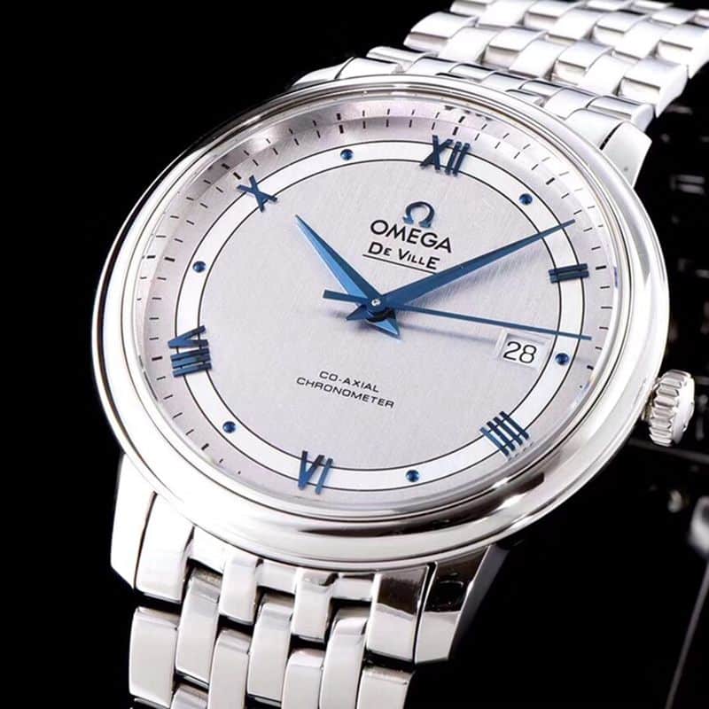 Omegahigh-quality watch De Ville series men's mechanical ultra-thin watch white steel track white face front view