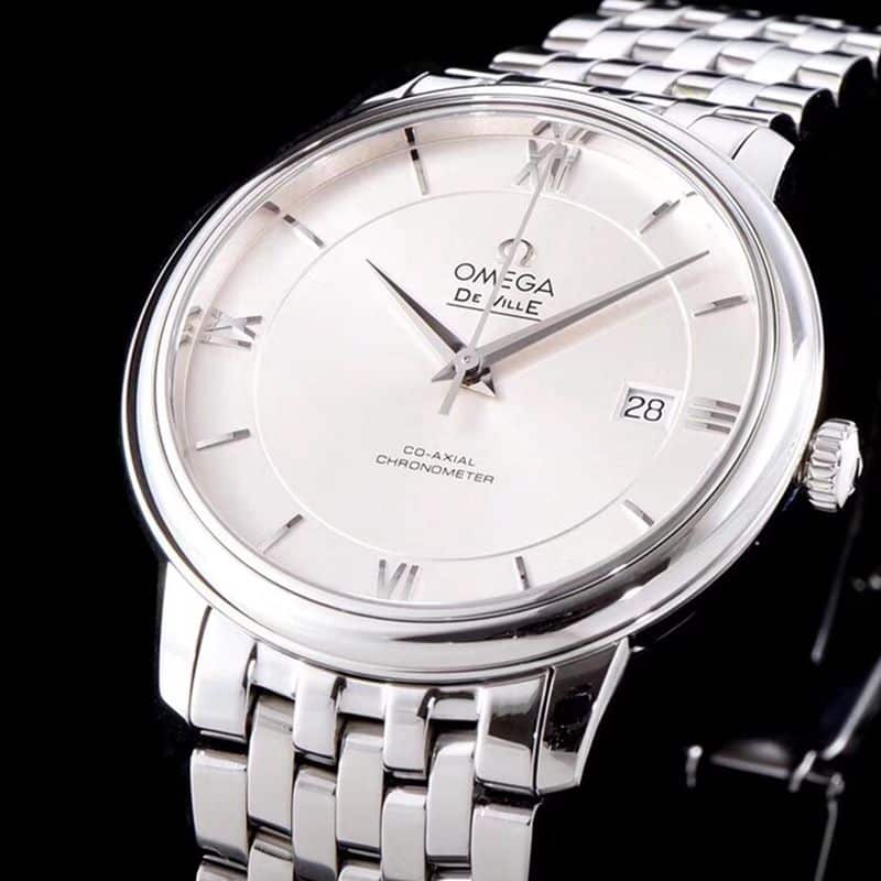 high-quality replicaOmega watch De Ville series men's mechanical ultra-thin watch white steel white face front view