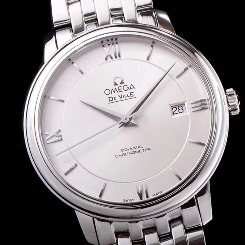 high-quality replicaOmega watch De Ville series men's mechanical ultra-thin watch white steel white face front view