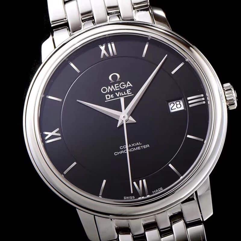 Omegatop-tiersuper watch De Ville series men's mechanical ultra-thin watch white steel black face front view