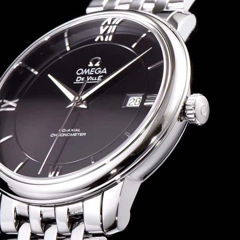 Omegatop-tiersuper watch De Ville series men's mechanical ultra-thin watch white steel black face detail shots