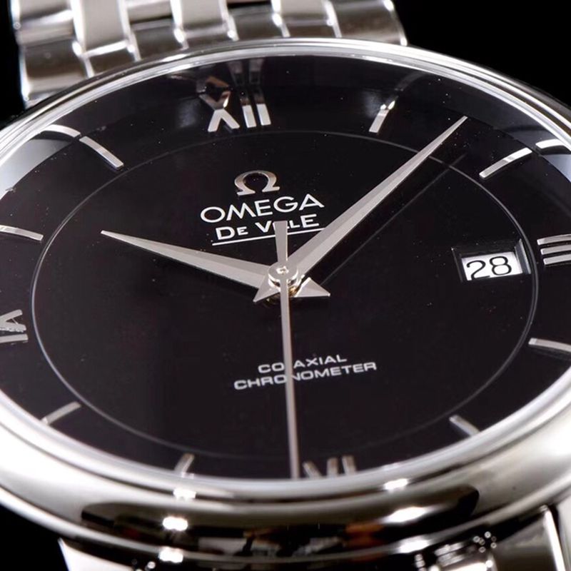 Omegatop-tiersuper watch De Ville series men's mechanical ultra-thin watch white steel black face detail shots