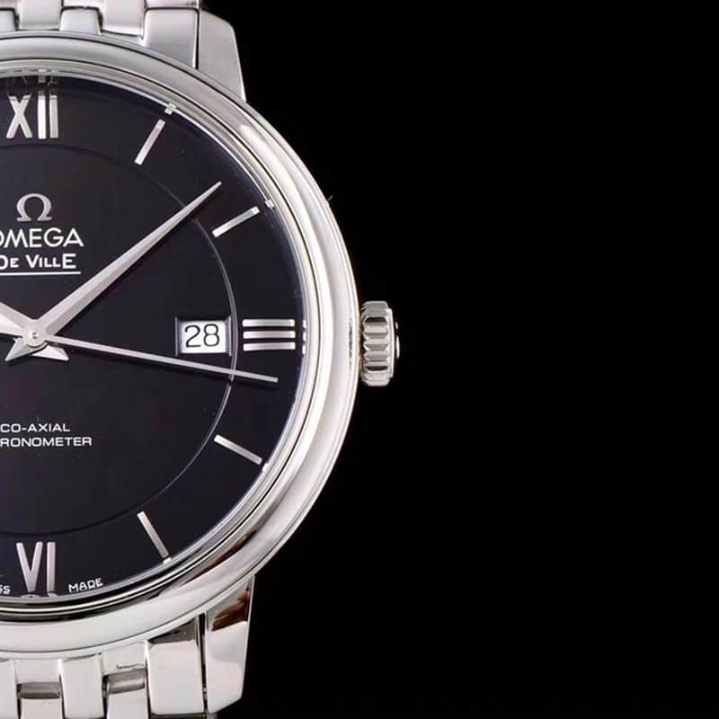 Omegatop-tiersuper watch De Ville series men's mechanical ultra-thin watch white steel black face detail shots