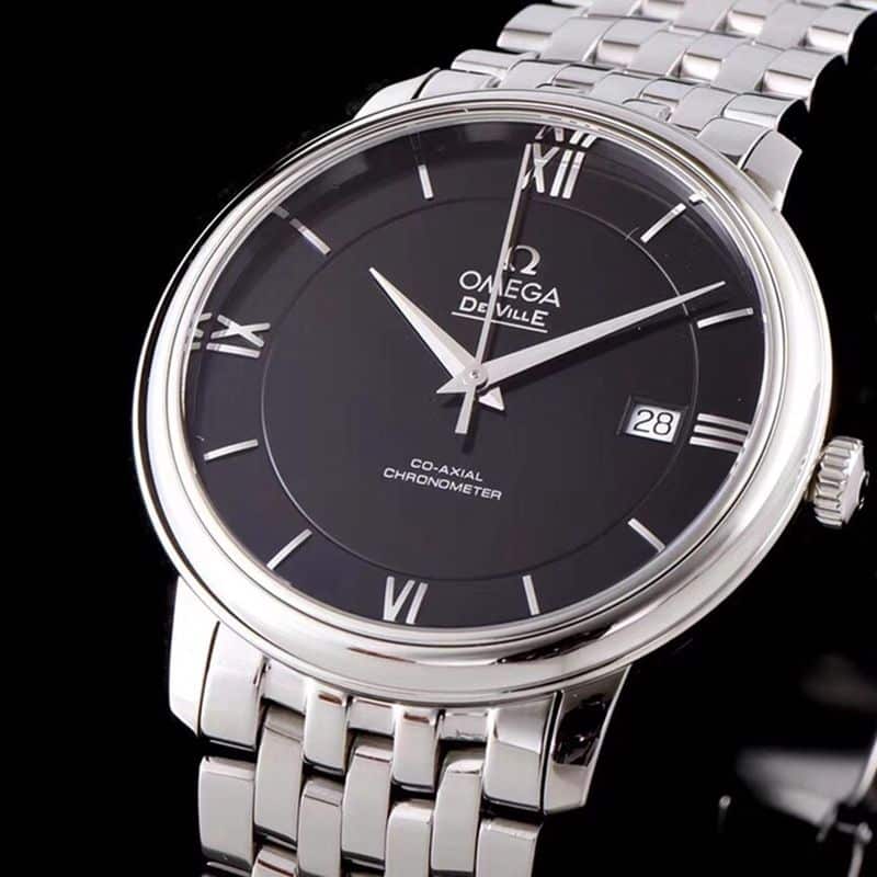 Omegatop-tiersuper watch De Ville series men's mechanical ultra-thin watch white steel black face front view