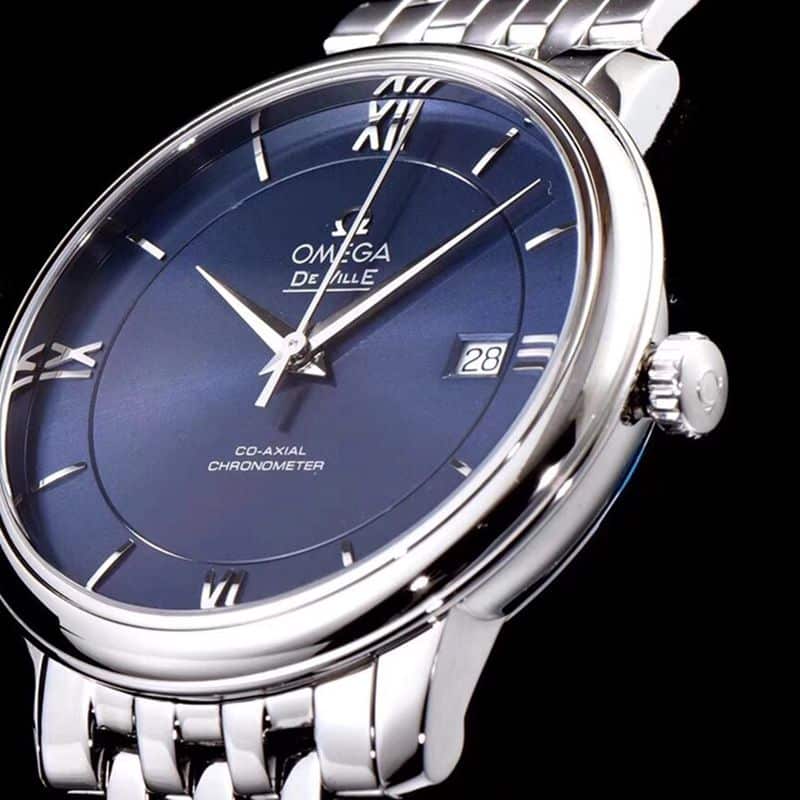super cloneOmegatop-tier watch De Ville series men's mechanical ultra-thin watch white steel blue face front view