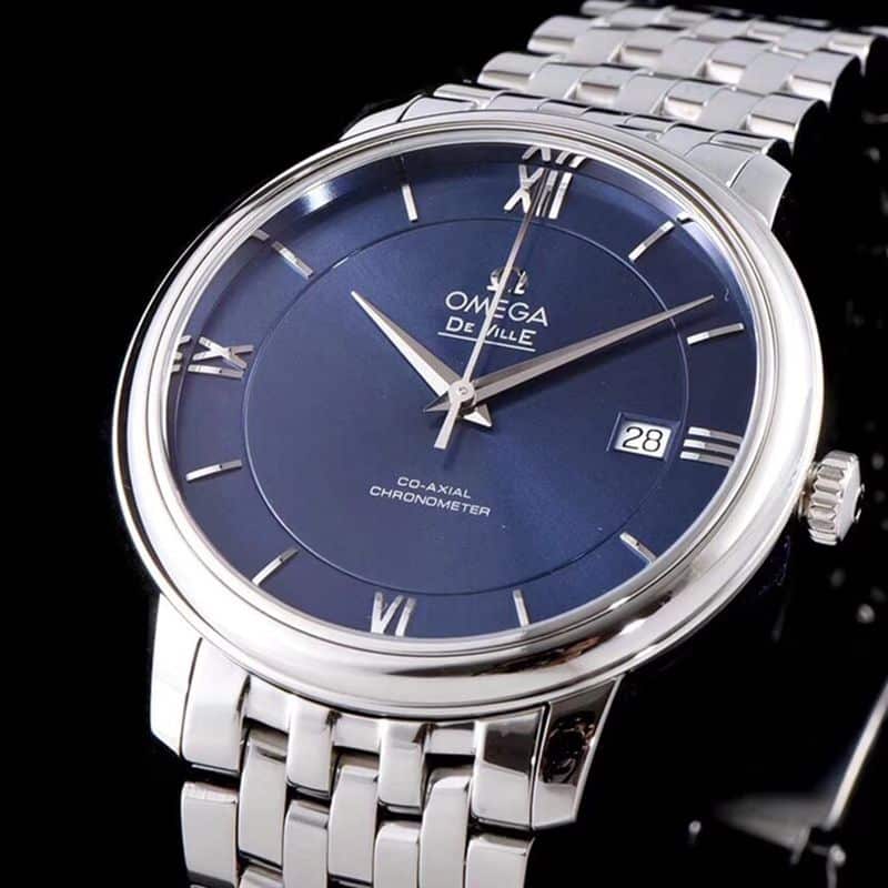 super cloneOmegatop-tier watch De Ville series men's mechanical ultra-thin watch white steel blue face front view