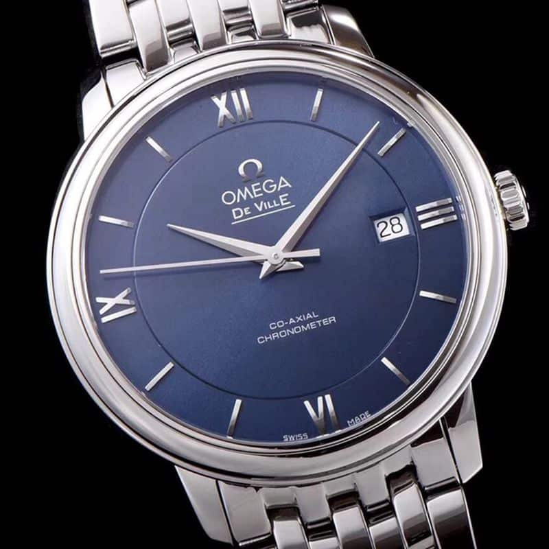 super cloneOmegatop-tier watch De Ville series men's mechanical ultra-thin watch white steel blue face front view