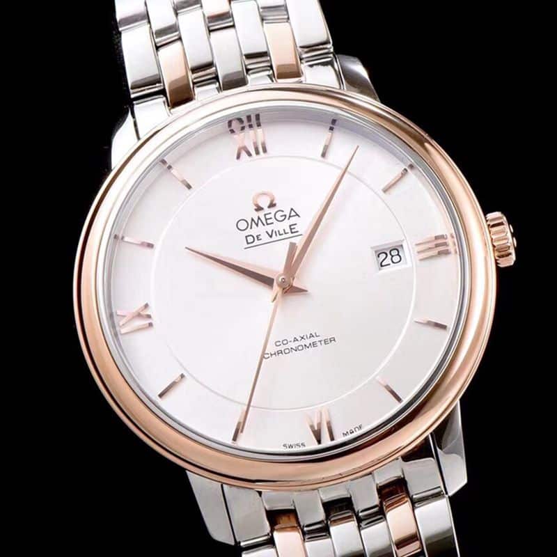 Omega watch disc flying business series men's mechanical ultra-thin watch rose goldsteel bracelet white face front view