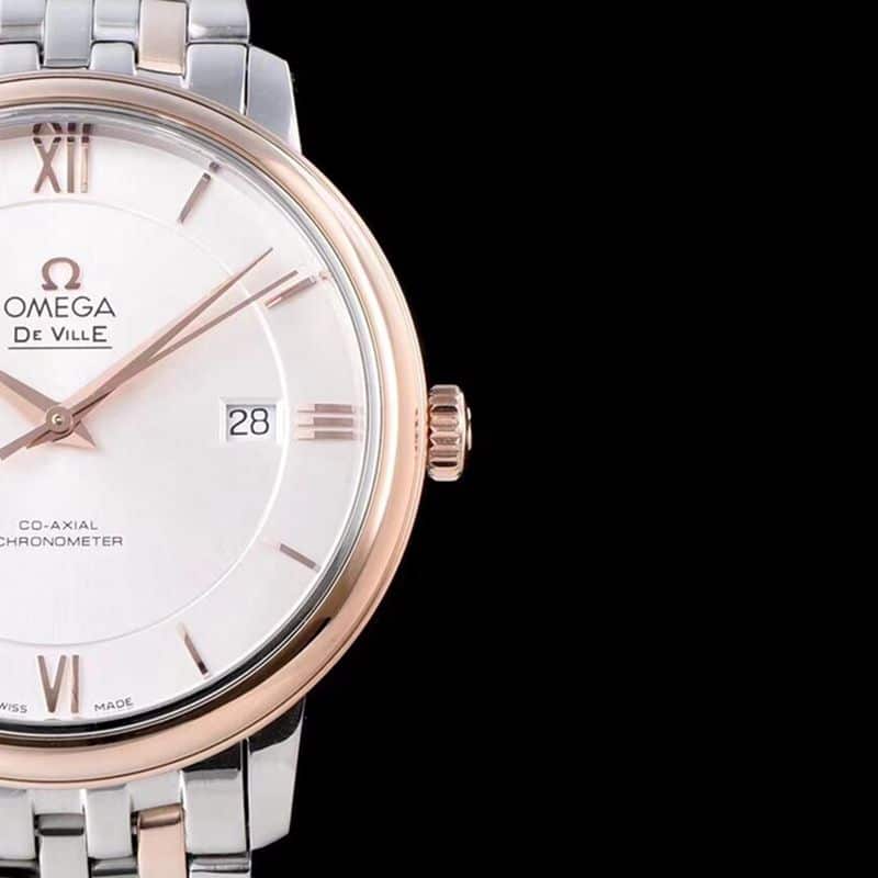 Omega watch disc flying business series men's mechanical ultra-thin watch rose goldsteel bracelet white face detail shots