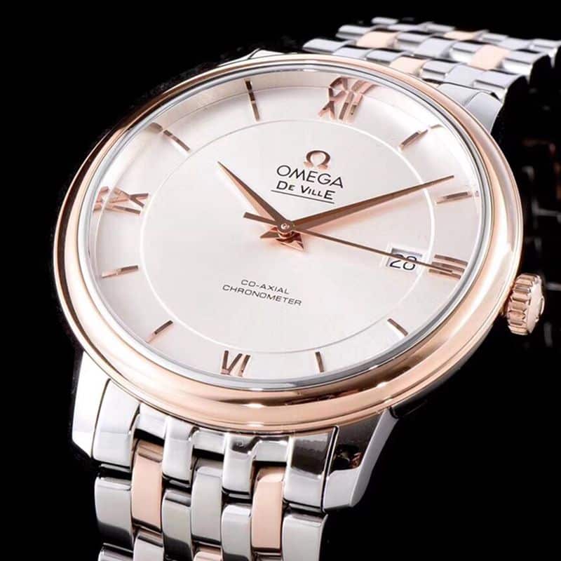 Omega watch disc flying business series men's mechanical ultra-thin watch rose goldsteel bracelet white face front view
