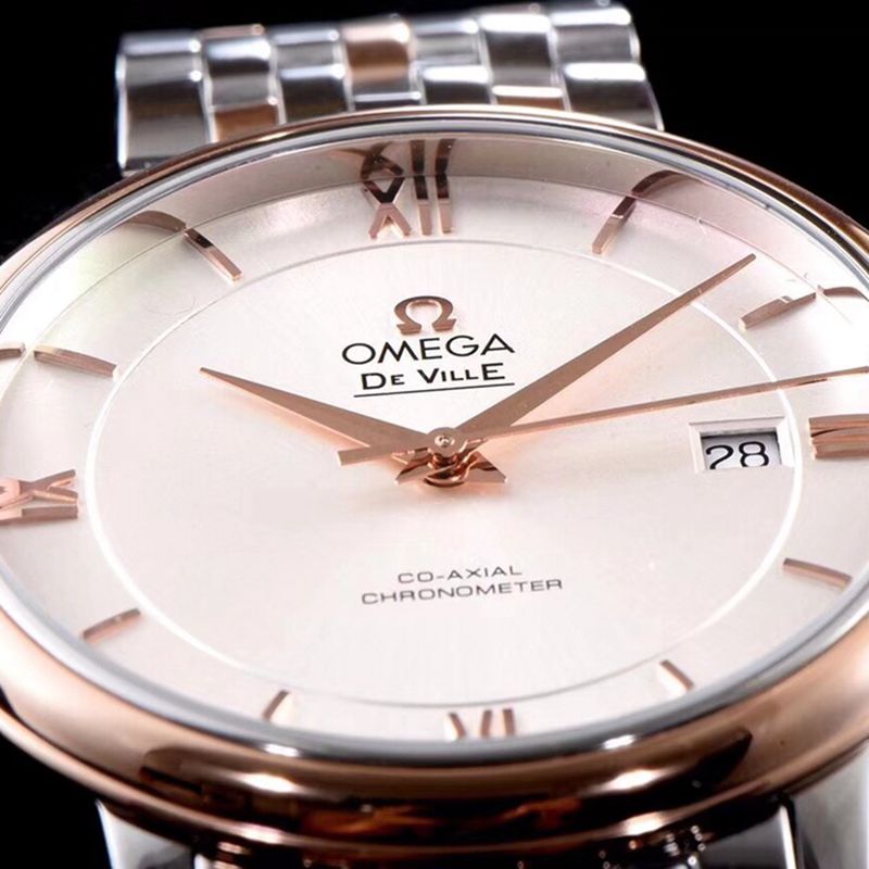 Omega watch disc flying business series men's mechanical ultra-thin watch rose goldsteel bracelet white face detail shots